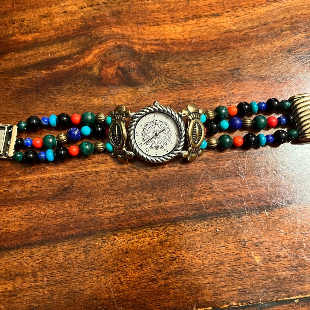 American West turquoise beaded and sterling silver watch